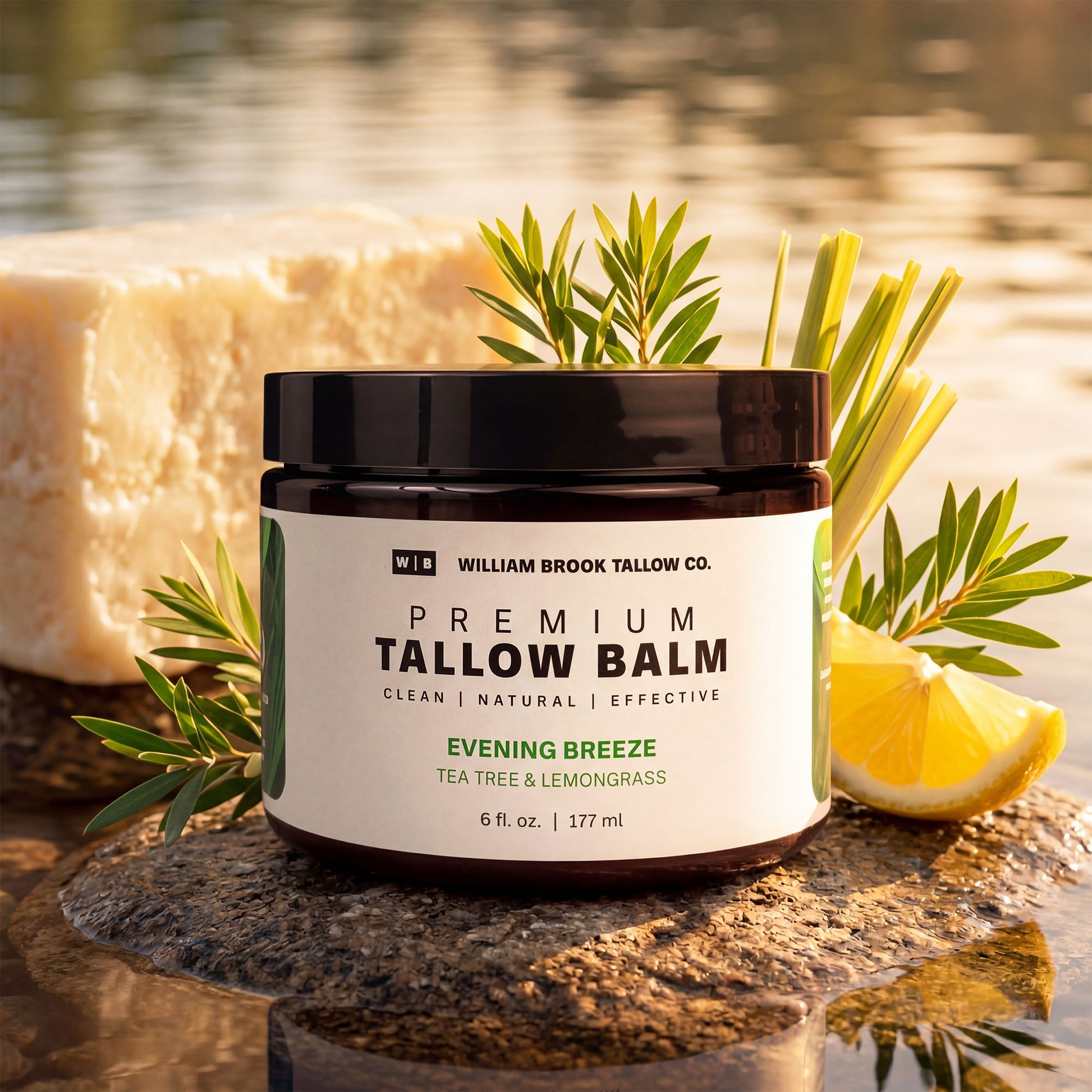Jar of William Brook Tallow Co. Premium Tallow Balm with natural elements on a reflective surface